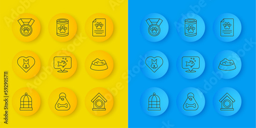 Set line Cage for birds, Heart with dog, Fish, Dog house, Pet food bowl cat, award symbol, Medical clinical record pet and Canned icon. Vector