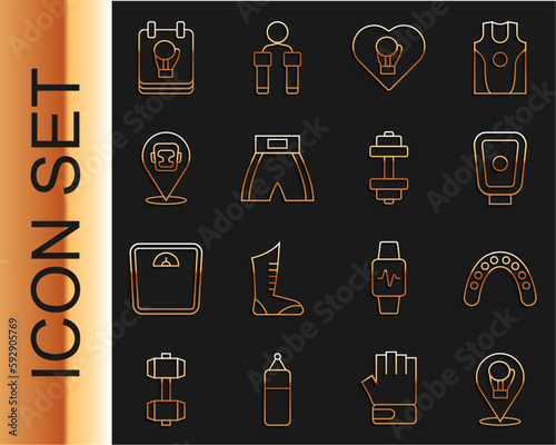 Set line Boxing glove, Mouth guard boxer, training paws, short, helmet, and Dumbbell icon. Vector