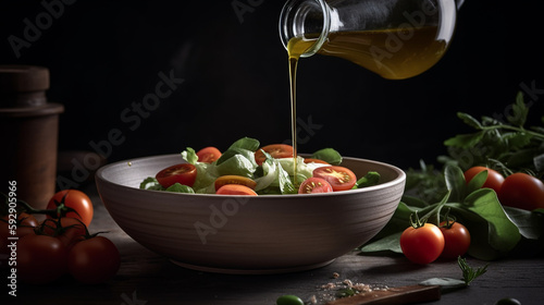 Frischer grüner Kopfsalat mit Tomaten in einer Schüssel vor schwarzem Hintergrund, garniert mit Olivenöl und Kräutern - with Generative Al technology