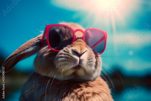 the rabbit is smiling with his sunglasses on, in the style of photorealistic fantasies, groovy, wimmelbilder. Generative AI