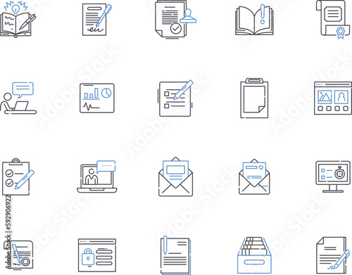 Text and copywriting outline icons collection. Texting, Copywriting, Editing, Proofreading, Storytelling, Publishing, Content vector and illustration concept set. Copyediting,Creative,Marketing linear