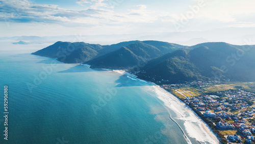 Aerial view of the Brazilian coastline with mountains near the town of Acores, on the island of Santa Catarina, Brazil