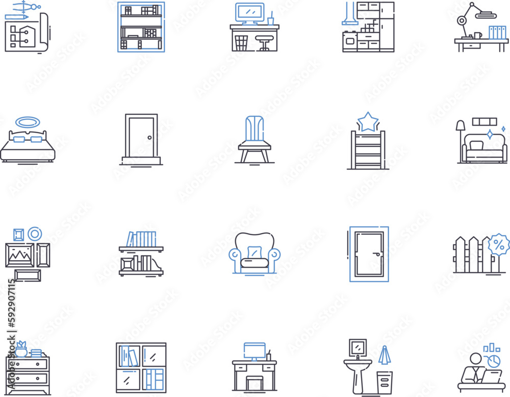 Furniture outline icons collection. Couch, Chair, Table, Desk, Bed, Bookcase, Dresser vector and illustration concept set. Ottoman, Sofa, Shelves linear signs Furniture outline icons collection. Couch, Chair, Table, Desk, Bed, Bookcase, Dresser vector and illustration concept set. Ottoman, Sofa, Shelves linear signs