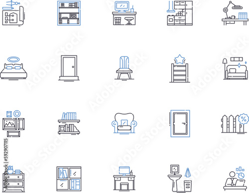Furniture outline icons collection. Couch, Chair, Table, Desk, Bed, Bookcase, Dresser vector and illustration concept set. Ottoman, Sofa, Shelves linear signs © michael broon