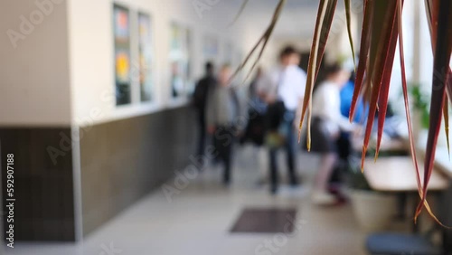 Corridor in modern school building full of desfocused students of different age passing by. Shot through green plant leaves. Blurred unrecognizable children out of focus walking along bright hall. 4 k