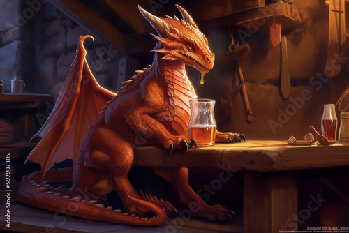 Fantastischer Gast: Niedlicher roter Drache genießt sein Bier in der Taverne