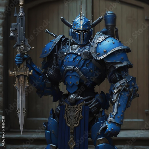 Dunkler Ritter in blauer Rüstung: Mystischer Held der Fantasiewelt