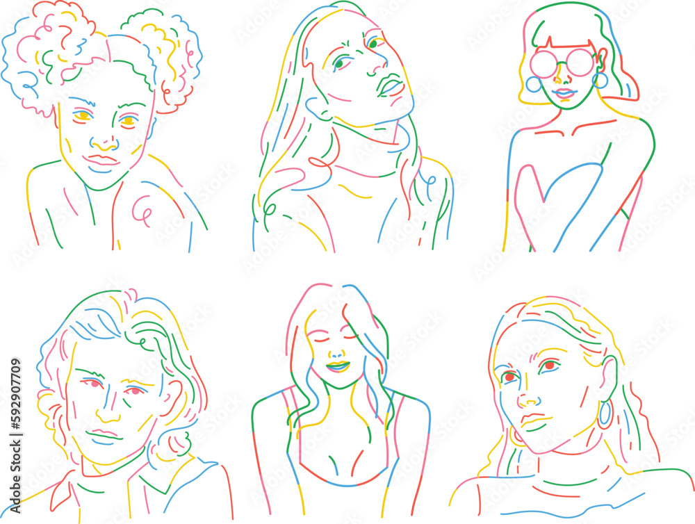Vector set of different women's faces. Hand drawn line art. set of women ,set off people avatar