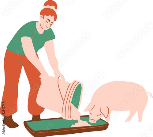 Man cutting piglets with scissors. Animal care concept. Vector illustration