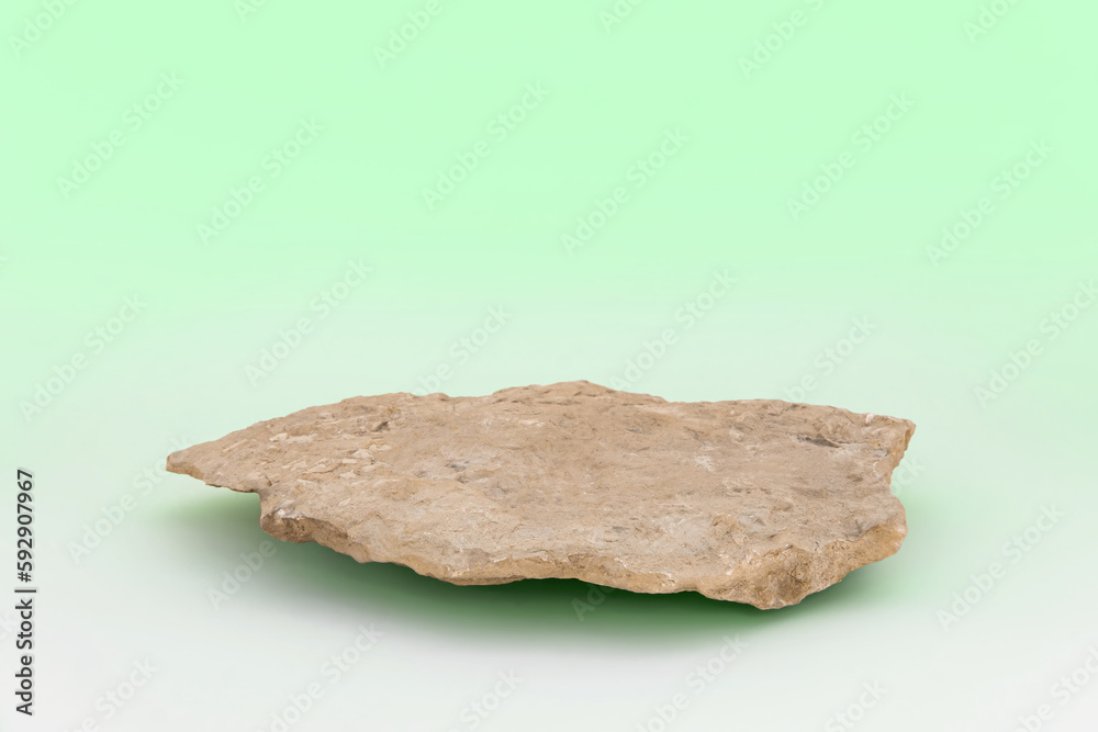 Stone podium for cosmetic product presentation. Abstract minimal backdrop. One rock form. Light Green Studio Background. Scene to show. Showcase display case. 3D Front View. Trendy olive color. Space
