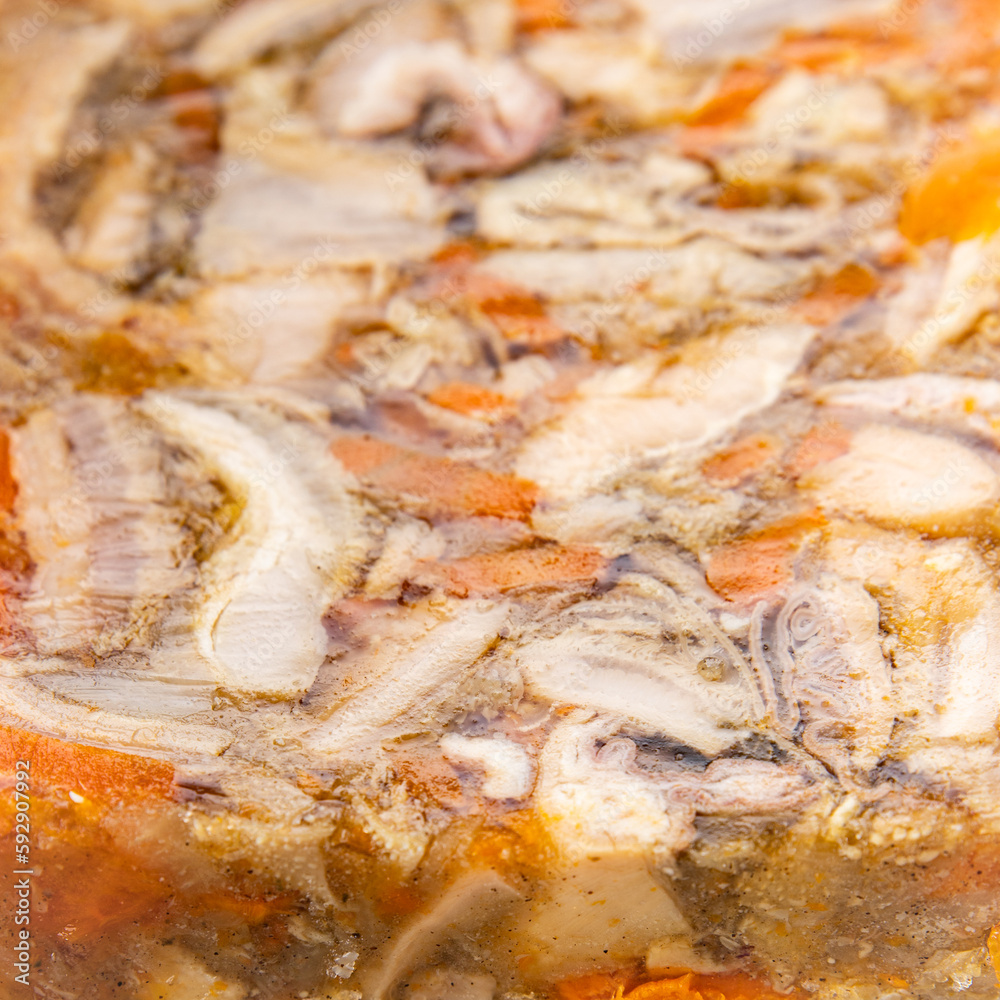meat tripe mini beef meat Normandy cider in jelly meal food snack on the table copy space food background rustic top view meat tripe mini beef meat Normandy cider in jelly meal food snack on the table copy space food background rustic top view