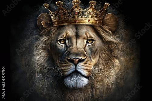 Lion Portrait with Gold King Crown. AI