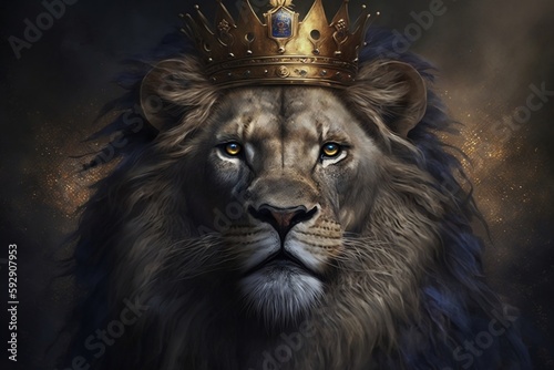 Lion Portrait with Gold King Crown. AI