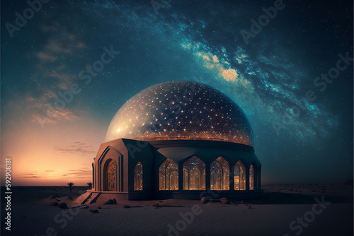 giant arabic glass habitation dome, night sky, Generative AI