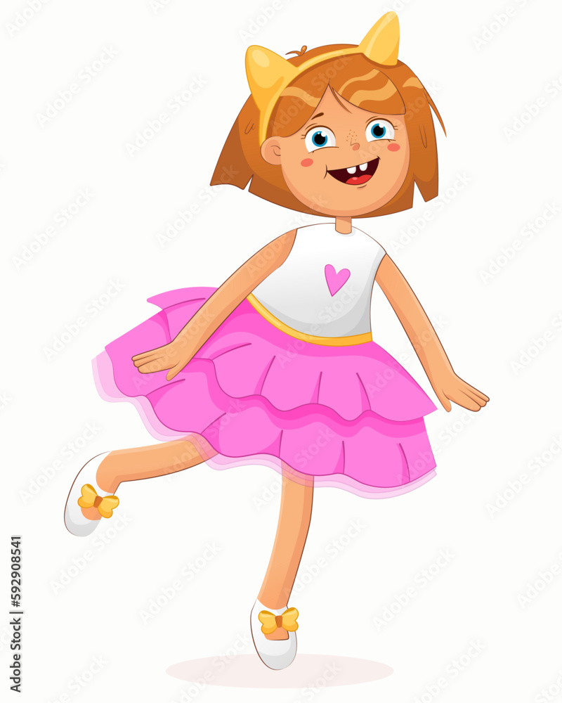 Bright vector illustration of a little girl.Happy child in a beautiful pink skirt and headband with cats ears Bright vector illustration of a little girl.Happy child in a beautiful pink skirt and headband with cats ears