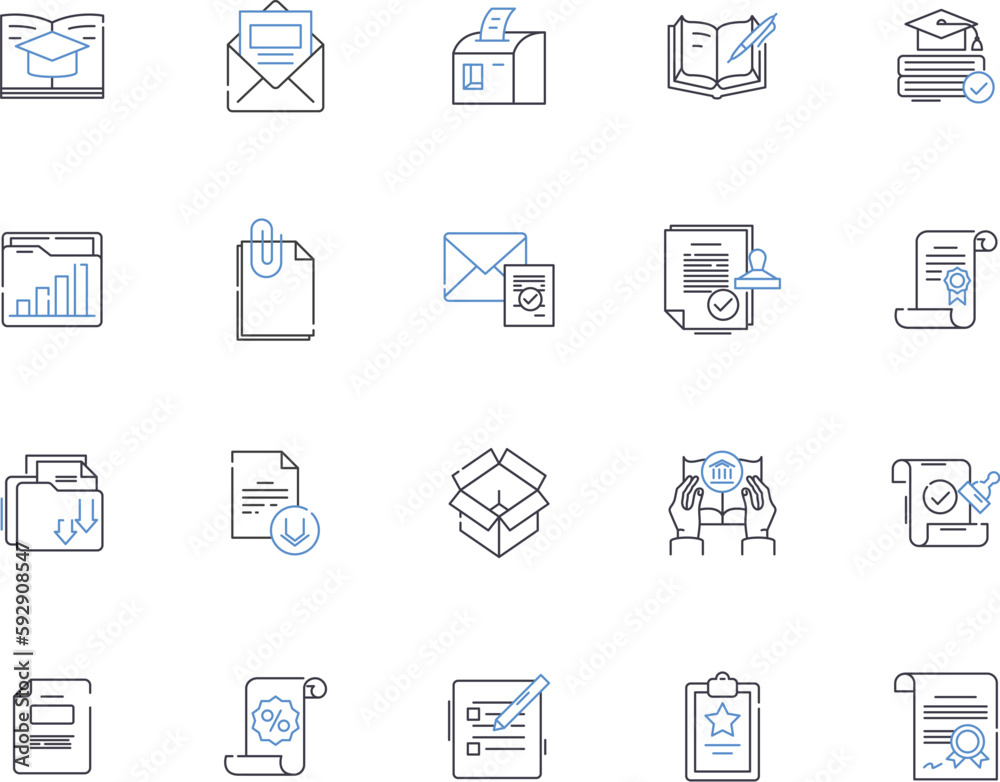 Publishing outline icons collection. Printing, Distribution, Authoring, Editing, Subscribing, Merchandising, Marketing vector and illustration concept set. Promoting, Submitting, Illustrating linear