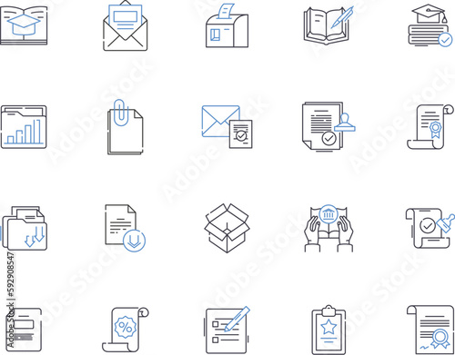 Publishing outline icons collection. Printing, Distribution, Authoring, Editing, Subscribing, Merchandising, Marketing vector and illustration concept set. Promoting, Submitting, Illustrating linear