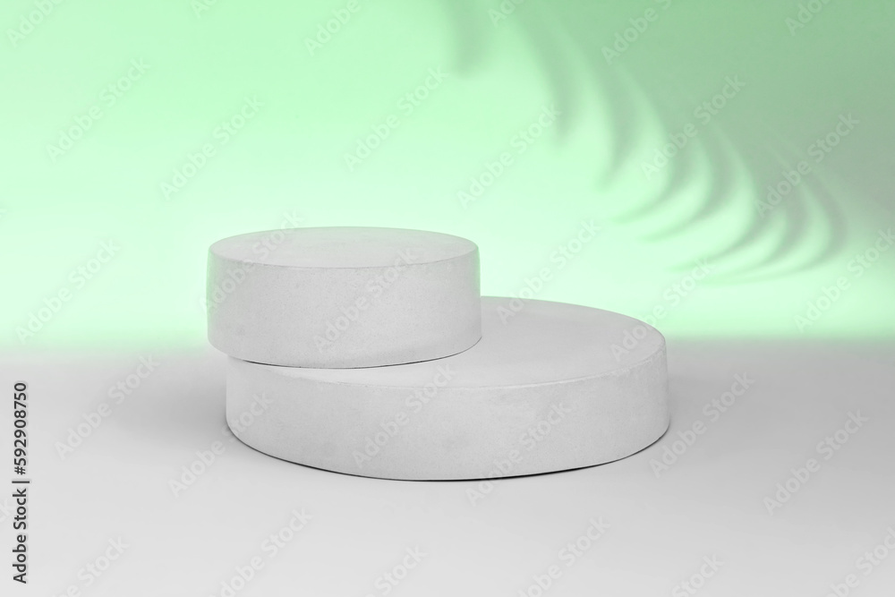 Podium for Cosmetics, Soap, Items Presentation. Abstract Minimal Geometric Sphere. Cylinder Two Forms Soft Shadow. Scene to Show Product, Object. Showcase Display Case. Palm Leaf, Green Color Ad Stand Podium for Cosmetics, Soap, Items Presentation. Abstract Minimal Geometric Sphere. Cylinder Two Forms Soft Shadow. Scene to Show Product, Object. Showcase Display Case. Palm Leaf, Green Color Ad Stand