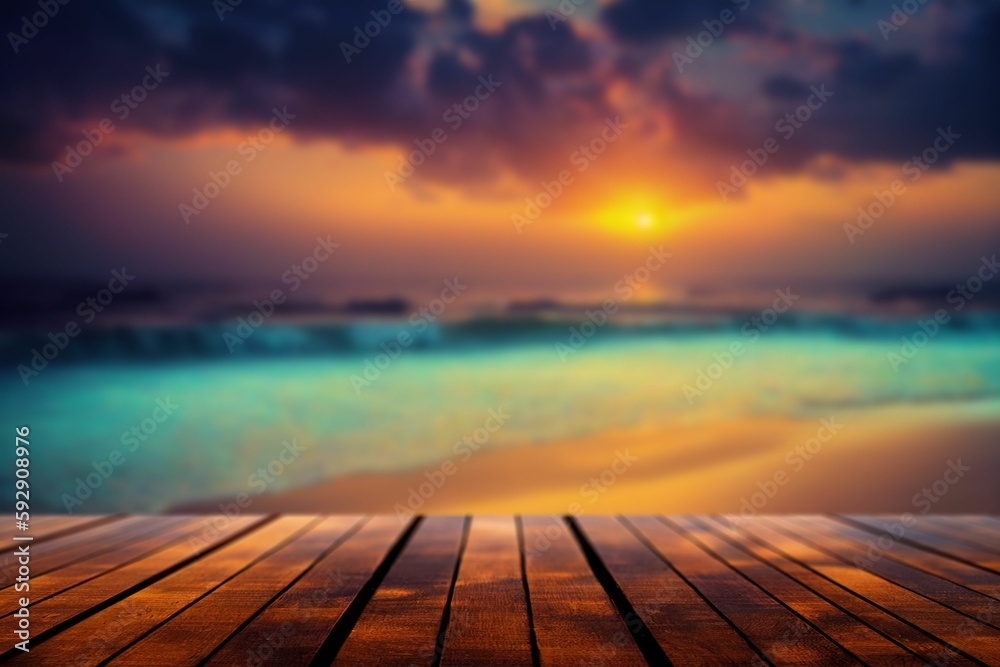 Horizontal shot of a wooden terrace and a blurred beach with a cloudy sunset in the background