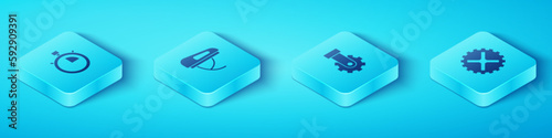 Set Isometric Stopwatch, Bicycle helmet, sprocket crank and Derailleur bicycle rear icon. Vector