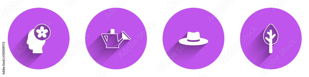 Set Human head with flower inside, Watering can, Gardener worker hat and Forest icon with long shadow. Vector Set Human head with flower inside, Watering can, Gardener worker hat and Forest icon with long shadow. Vector