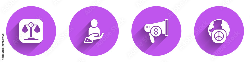 Set Scales of justice, Life insurance in hand, Megaphone dollar and International day peace icon with long shadow. Vector