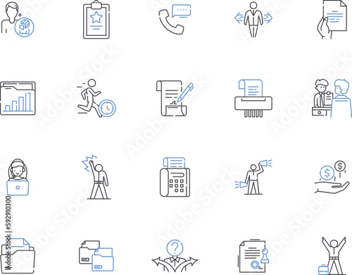 Office supplies outline icons collection. Supplies, Stationery, Pens, Paper, Printer, Desk, Calculator vector and illustration concept set. Chair, Pencils, Stapler linear signs