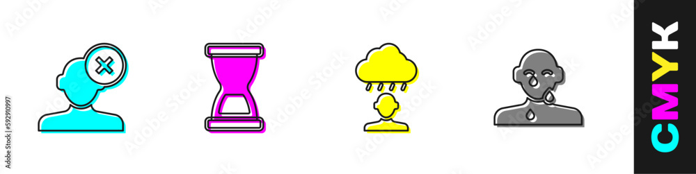 Set Solution problem in psychology, Old hourglass, Depression and frustration and Tear cry eye icon. Vector Set Solution problem in psychology, Old hourglass, Depression and frustration and Tear cry eye icon. Vector