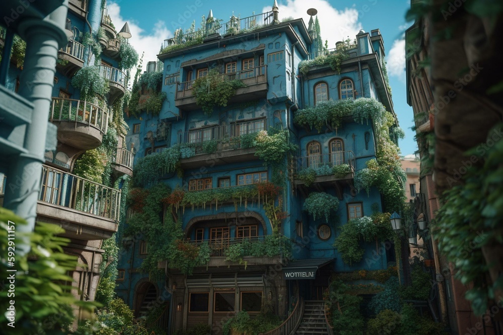 A Huge Blue Tiled Apartment Building of Howl's Moving Castle Ghibli, by