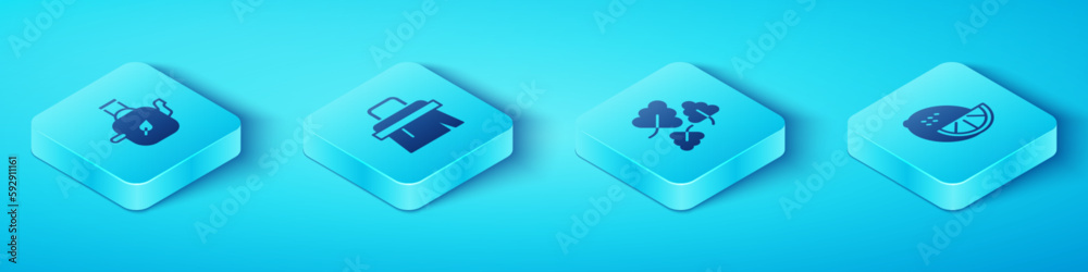 Set Isometric Teapot with leaf, Sauna brush, Lemon and Oak icon. Vector