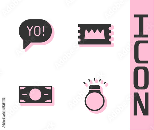 Set Diamond ring, Yo slang lettering, Stacks paper money cash and Concert ticket icon. Vector