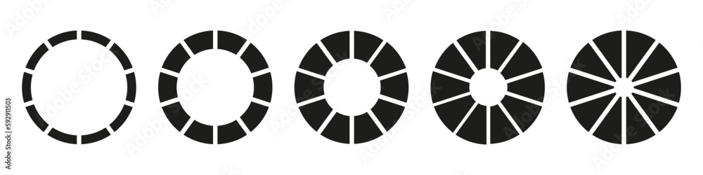 Wheels round divided in ten sections. Diagrams infographic set. Circle section graph. Pie chart icons. Donut charts or pies segmented on 10 equal parts. Geometric elements. Vector simple illustration. Wheels round divided in ten sections. Diagrams infographic set. Circle section graph. Pie chart icons. Donut charts or pies segmented on 10 equal parts. Geometric elements. Vector simple illustration.
