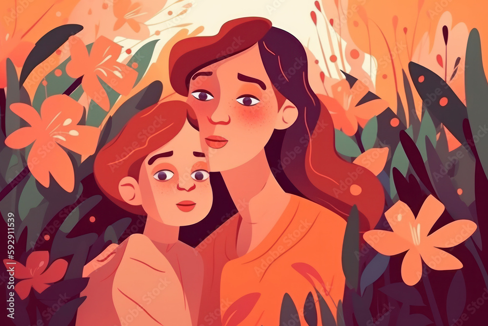 The bond between a mother and child is captured in this stunning image, where they embrace in a scenic countryside meadow filled with flowers, making it an ideal choice for Mother's Day. AI Generative The bond between a mother and child is captured in this stunning image, where they embrace in a scenic countryside meadow filled with flowers, making it an ideal choice for Mother's Day. AI Generative