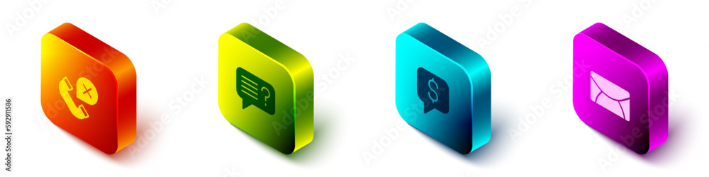 Set Isometric Declined or missed phone call, Unknown search, Paid support and Mail and e-mail icon. Vector Set Isometric Declined or missed phone call, Unknown search, Paid support and Mail and e-mail icon. Vector