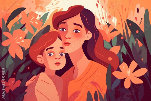 The bond between a mother and child is captured in this stunning image, where they embrace in a scenic countryside meadow filled with flowers, making it an ideal choice for Mother's Day. AI Generative