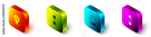 Set Isometric Boxing helmet, Dumbbell, MMA glove and Smart watch with heart icon. Vector