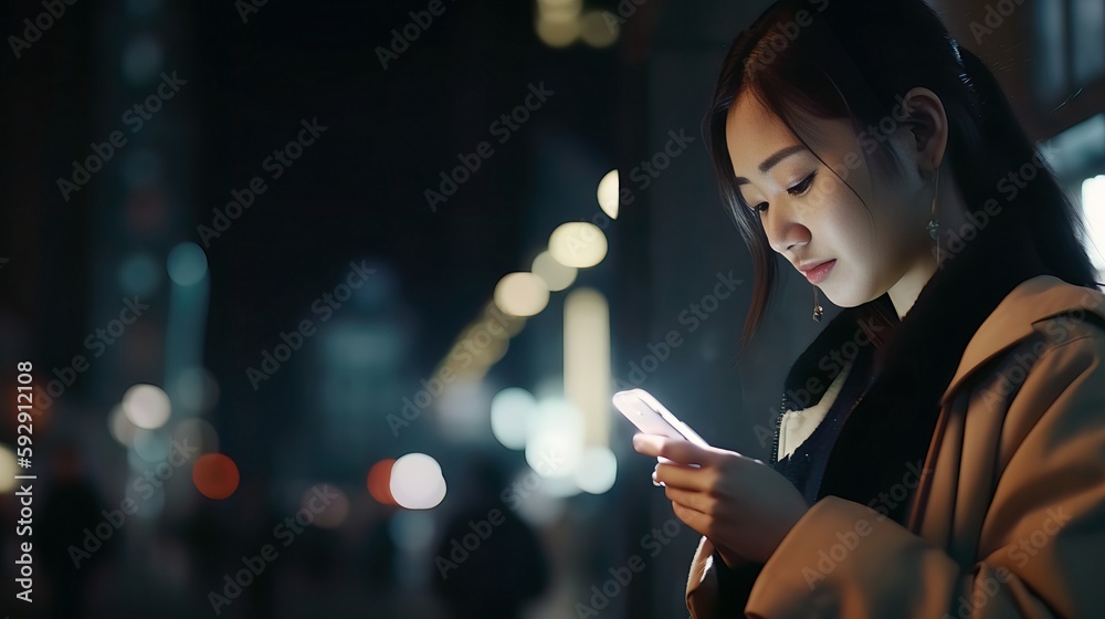 Beautiful young Asian woman walking in city street at night using mobile smartphone. Copy space. Generative AI. (1) Beautiful young Asian woman walking in city street at night using mobile smartphone. Copy space. Generative AI. (1)