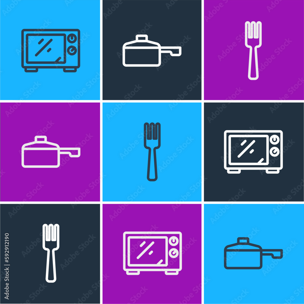 Set line Microwave oven, Fork and Frying pan icon. Vector