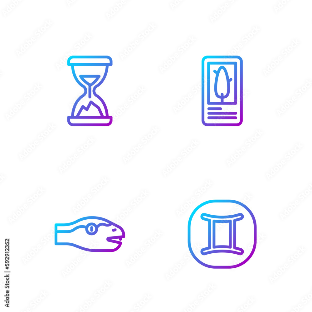 Set line Gemini zodiac, Snake, Old hourglass with sand and Tarot cards. Gradient color icons. Vector Set line Gemini zodiac, Snake, Old hourglass with sand and Tarot cards. Gradient color icons. Vector