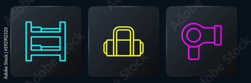 Set line Hotel room bed, Hair dryer and Suitcase. Black square button. Vector