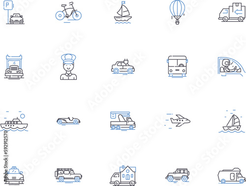 Transportation outline icons collection. Train, Bus, Plane, Taxi, Ferry, Boat, Automobile vector and illustration concept set. Motorcycle, Scooter, Bicycle linear signs photo