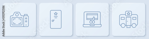 Set line Photo camera, Video recorder on laptop, Backstage and Actor trailer. White square button. Vector