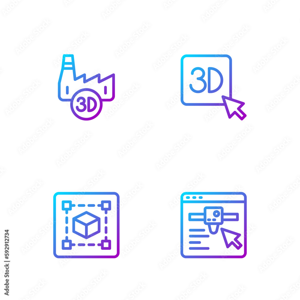Set line 3D printer setting, Geometric figure Cube, Printing house industry and . Gradient color icons. Vector Set line 3D printer setting, Geometric figure Cube, Printing house industry and . Gradient color icons. Vector