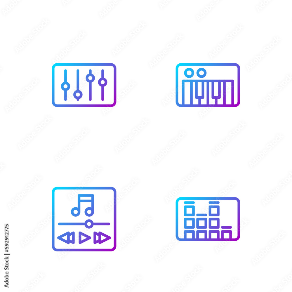 Set line Music equalizer, player, Sound mixer controller and synthesizer. Gradient color icons. Vector Set line Music equalizer, player, Sound mixer controller and synthesizer. Gradient color icons. Vector