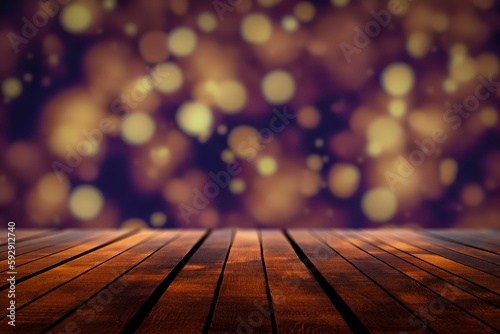 Wooden table and bokeh lights in the background