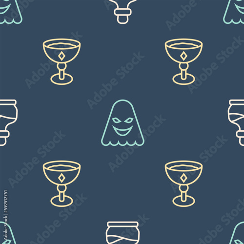 Set line Bottle with potion, Medieval goblet and Ghost on seamless pattern. Vector