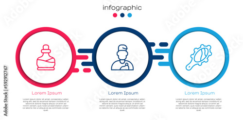 Set line Bottle with potion, Wizard warlock and Magic hand mirror. Business infographic template. Vector