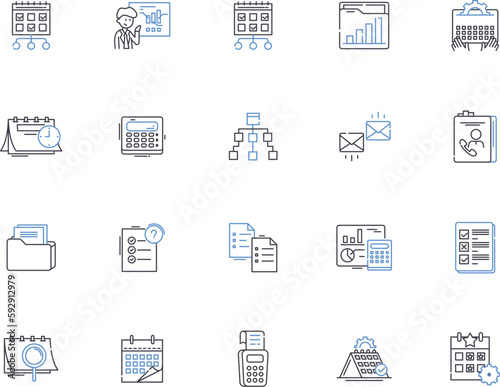 Time and date outline icons collection. Time, Date, Calendar, Clock, Hour, Minute, Second vector and illustration concept set. Day, Month, Year linear signs