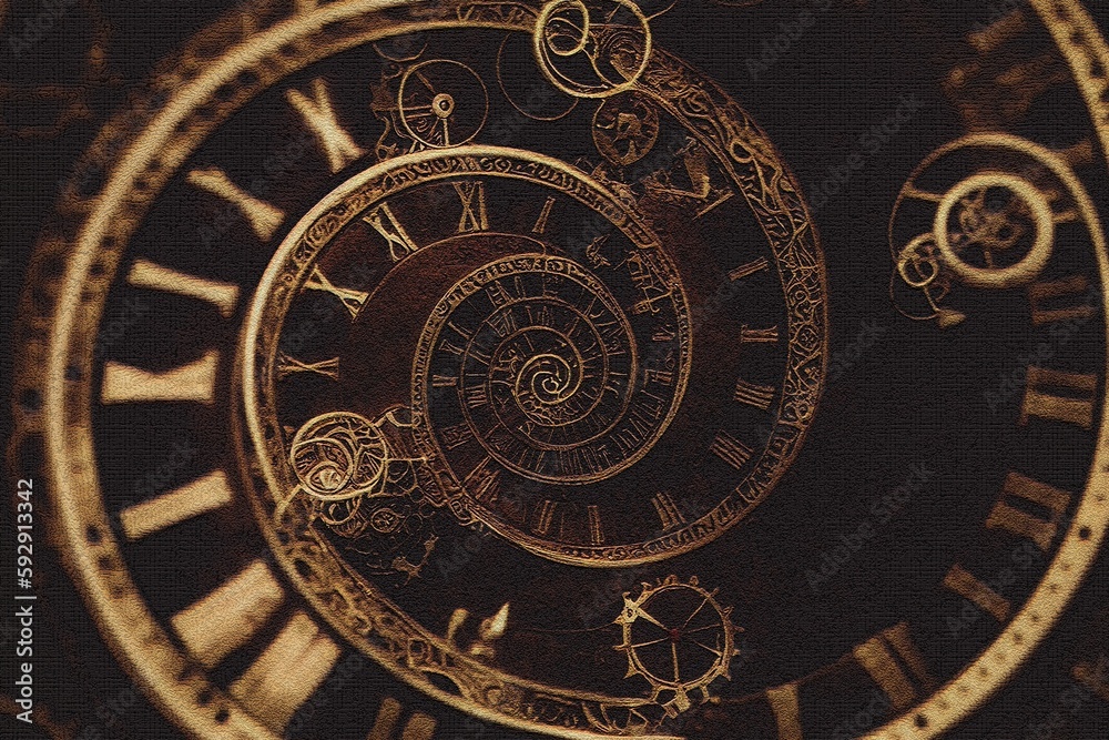 Infinity time spiral, antique old clock abstract fractal spiral 3d illustration.