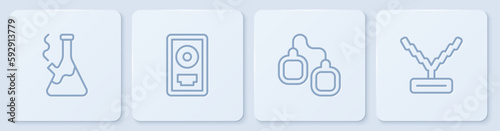 Set line Glass bong for smoking marijuana, Handcuffs, CD disk award frame and Rapper chain. White square button. Vector
